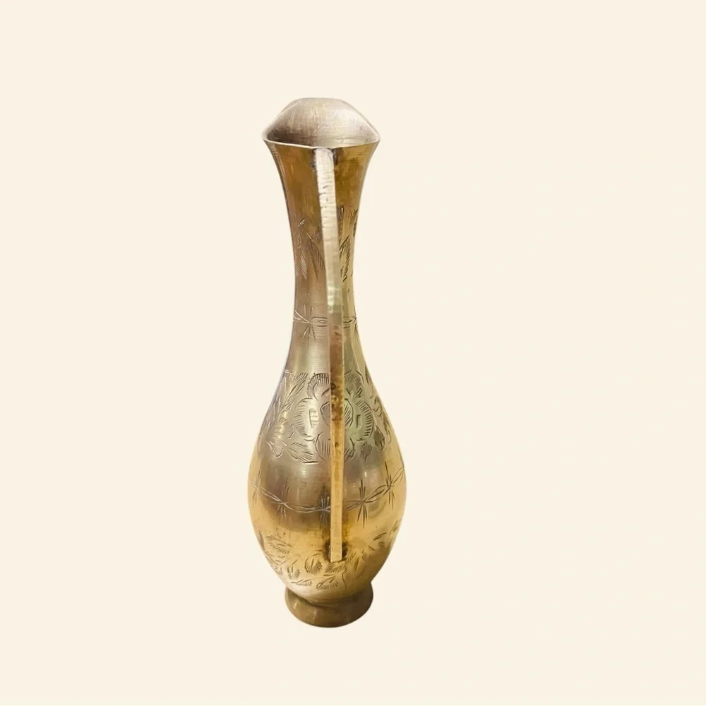 Vintage Solid Brass Pitcher Vase Etched with Handle  11